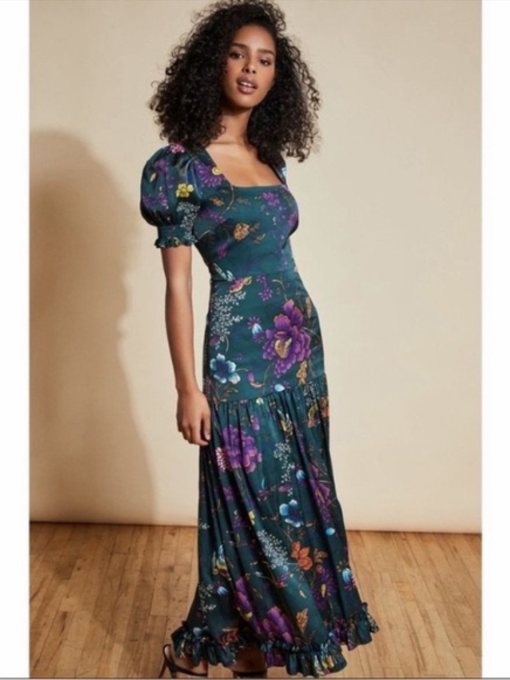 Anthropologie Dark Green Floral Maxi Wedding Guest Dress